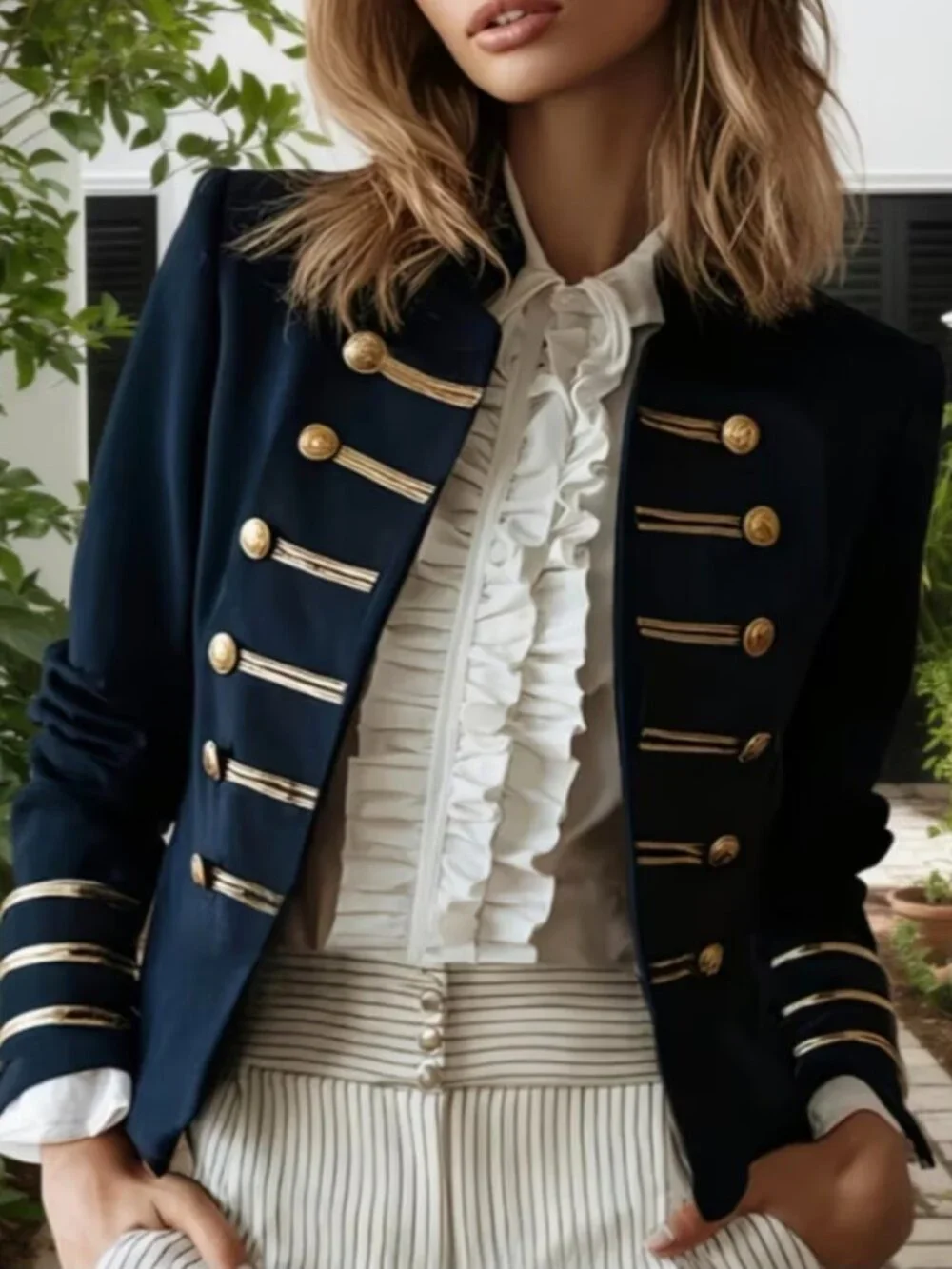 Navy Style Blazer with Golden Striped Buttons Jacket
